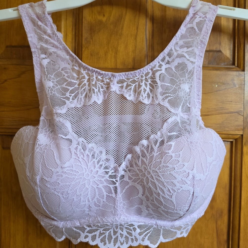 PINK Victoria's Secret Med Bralette Womens Lavender Floral Lace High Neck Mesh